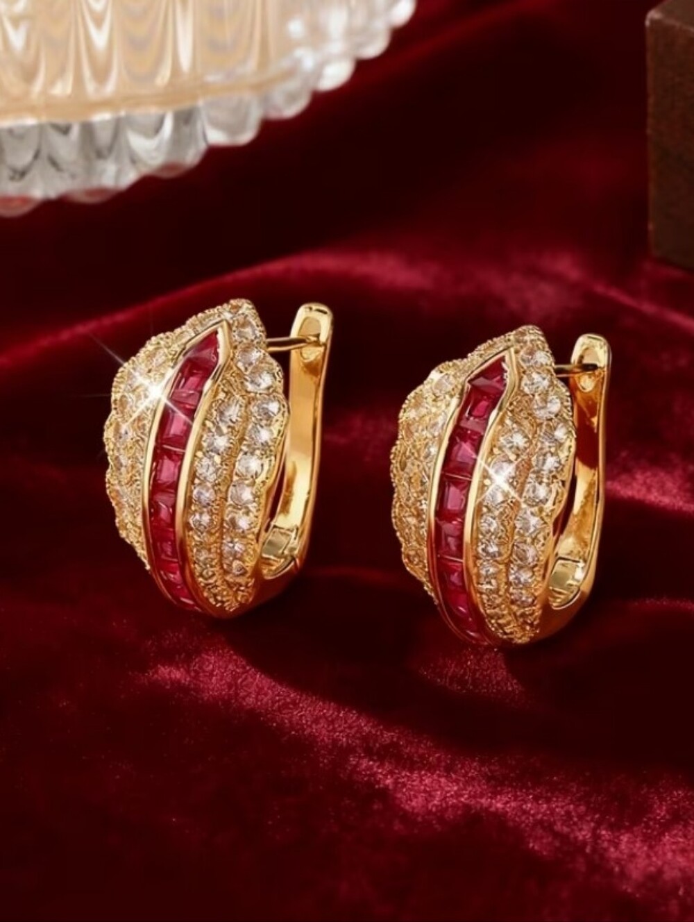 NEW! Stunning 14K Gold Plated Ruby & Diamond Hoop Earrings